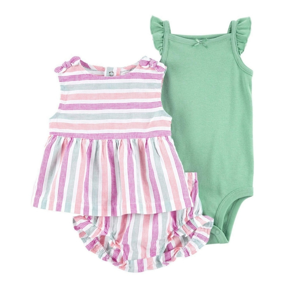 Carter's NEW Baby Linen Cotton Blend Set Pink Orange Green Striped Onesie 0-3M